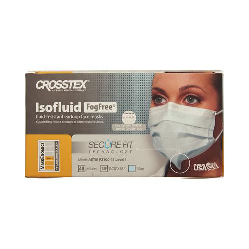 Crosstex GCICXBSF SecureFit Isofluid ASTM Level 1 Face Masks Fog Free Blue 40/Bx Crosstex GCICXBSF SecureFit Isofluid ASTM Level 1 Face Masks Fog Free Blue 40/Bx